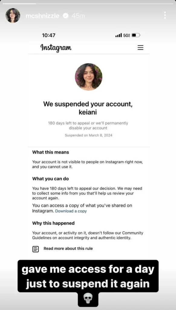 Keiani Instagram Suspended